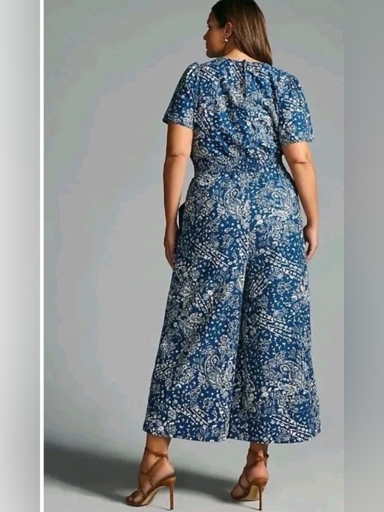 by Anthropologie The Somerset Wide Leg Jumpsuit Size XL Blue White Floral Casual - Picture 7 of 16
